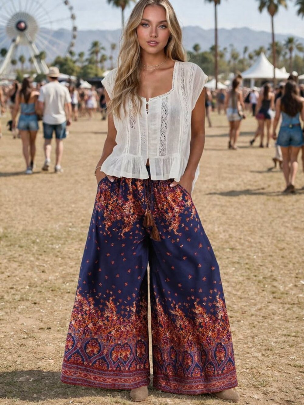 Easel Boho Floral Free Flowy Wide Leg Palazzo Pants Festival Resort Maxi Pants - Picture 4 of 8